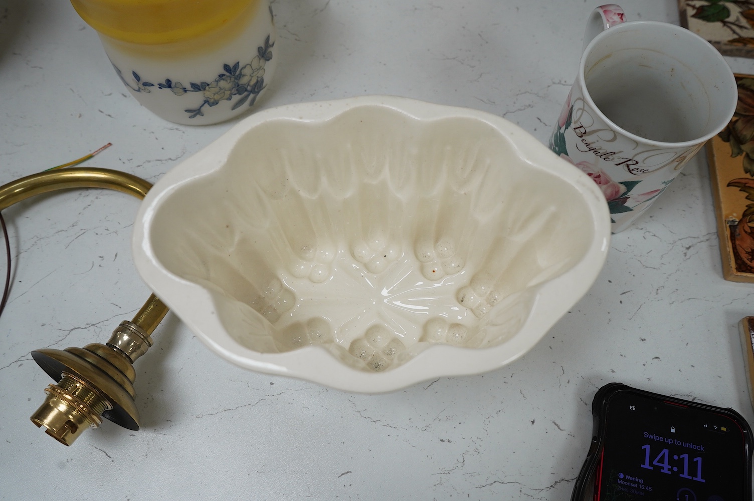 Six 19th century ceramic jelly moulds, largest 21cm wide. Condition - fair